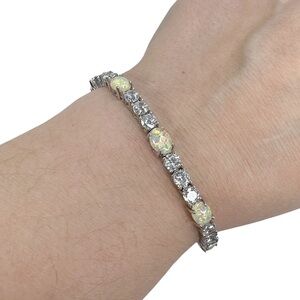 Synthetic Opal and Rhinestone Bolo Slide Lock Silver Tone Bracelet